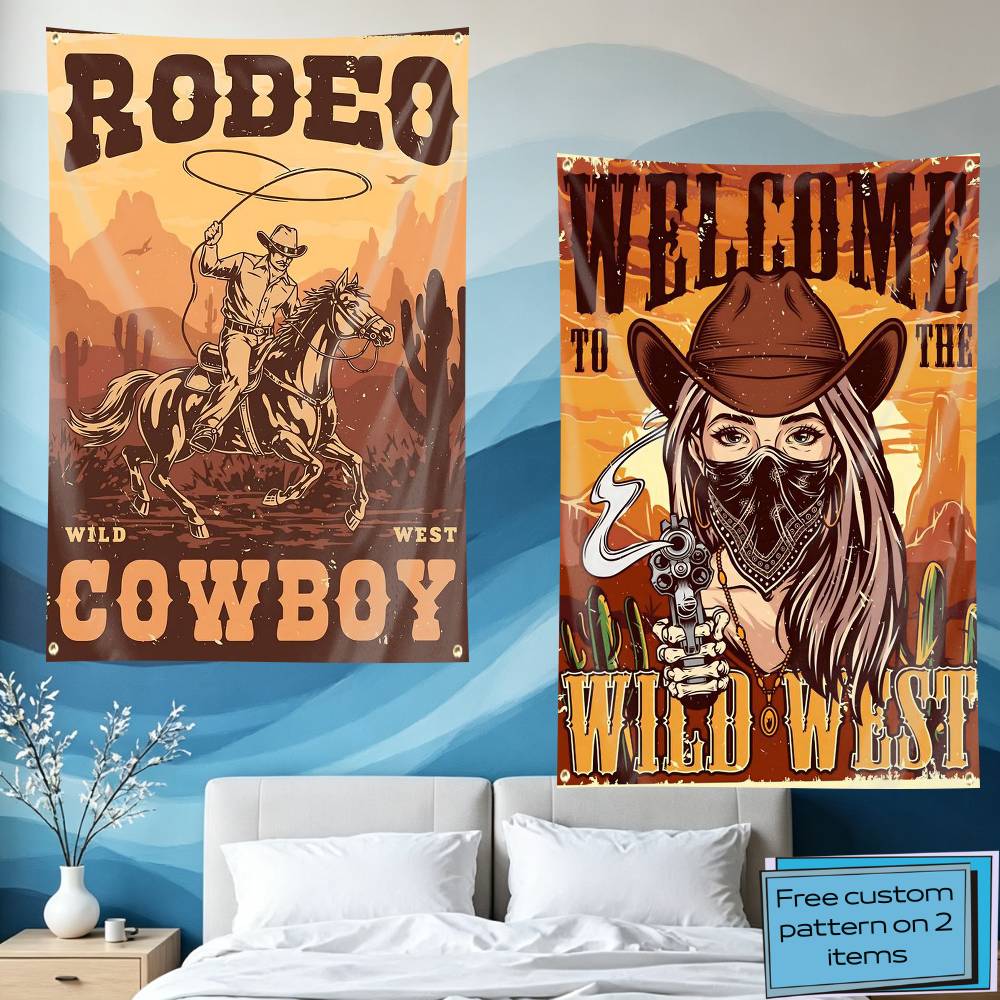 Outdoor Camping In Texas - Retro Texas Western Cowboy Flag Tapestry